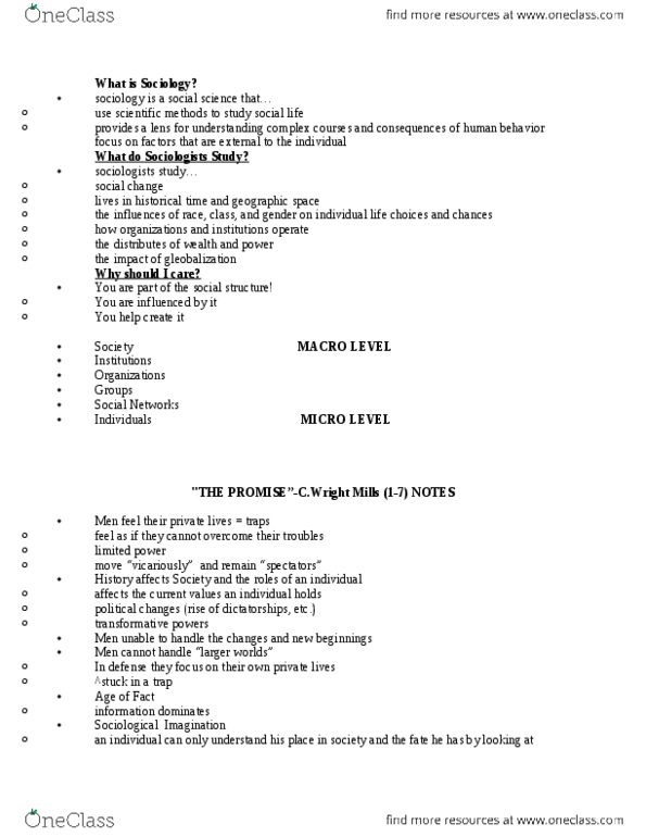 SOC 101 Lecture Notes - Lecture 1: The Sociological Imagination thumbnail