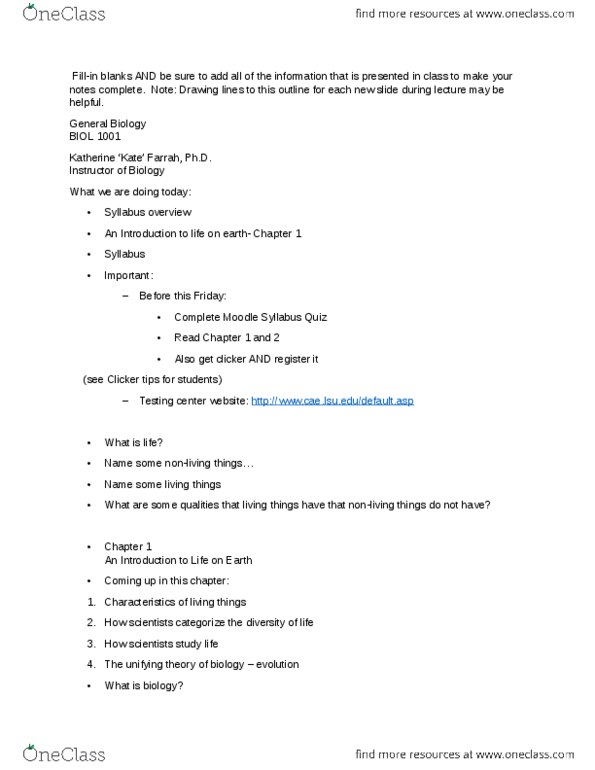 BIOL 1001 Lecture Notes - Lecture 1: Moodle, Cell Type, Homeostasis thumbnail