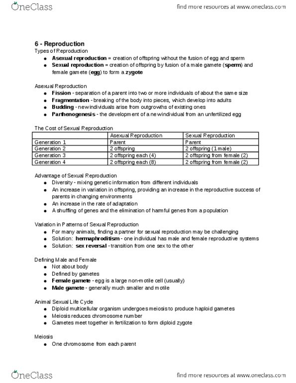 BIOL-UA 12 Lecture Notes - Lecture 6: Sexual Reproduction, Multicellular Organism, Gamete thumbnail