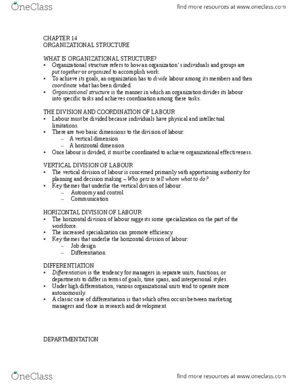 Management and Organizational Studies 2181A/B Chapter Notes - Chapter 14: Job Design, Human Relations Movement thumbnail