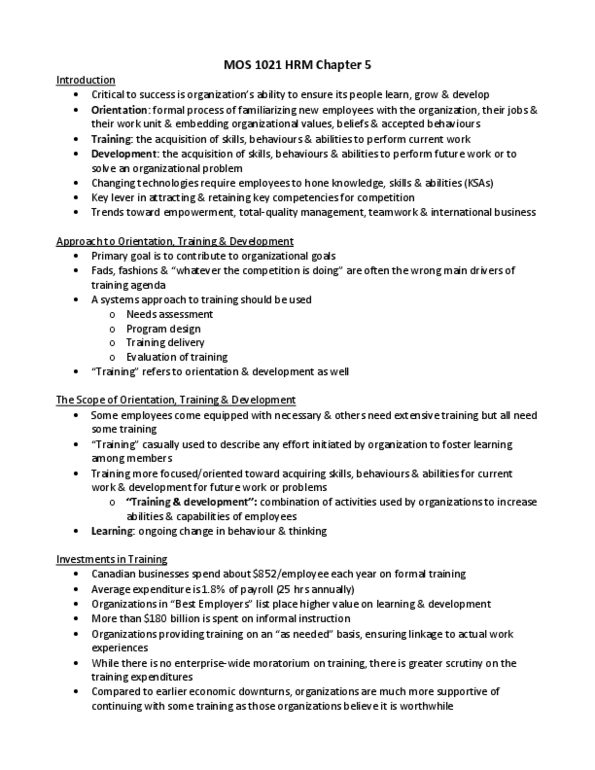 Management and Organizational Studies 1021A/B Chapter Notes - Chapter 5: Needs Assessment, Programmed Learning, Employee Engagement thumbnail