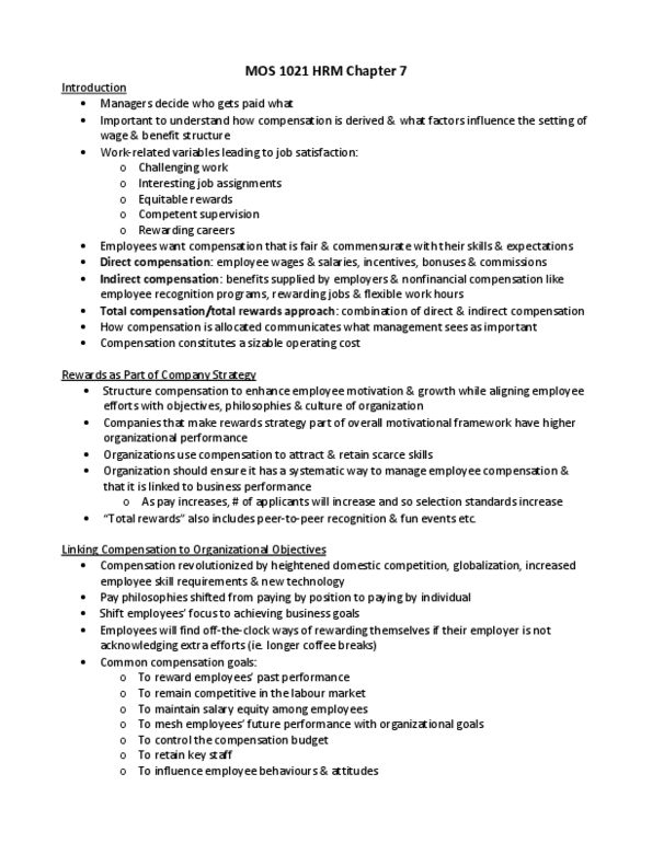 Management and Organizational Studies 1021A/B Chapter Notes - Chapter 7: Equal Pay For Equal Work, Total Rewards, Job Evaluation thumbnail