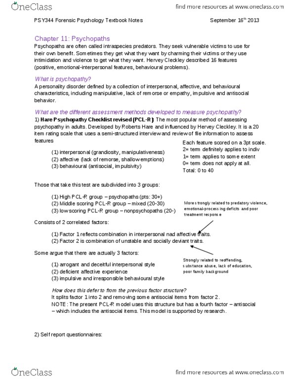 PSY344H5 Chapter Notes - Chapter 11: Psychopathy Checklist, Hervey M. Cleckley, Personality Disorder thumbnail