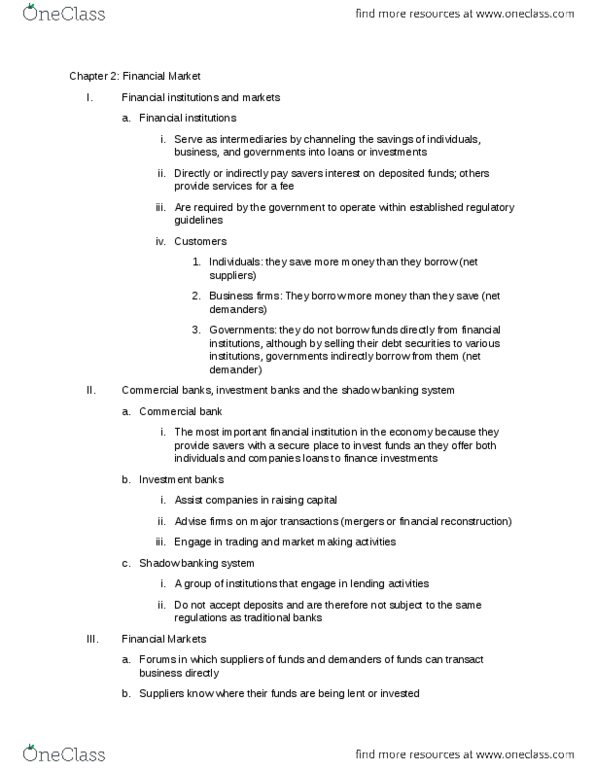 BUSFIN 1030 Chapter Notes - Chapter 2: Market Maker, Financial Institution, Money Market thumbnail