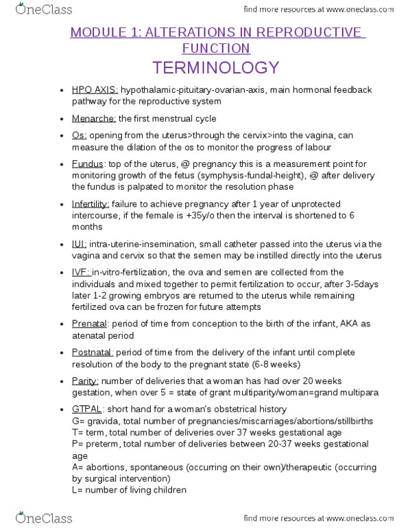 NURSING 2LA2 Lecture Notes - Lecture 1: Large For Gestational Age, Fallopian Tube, Pelvic Examination thumbnail