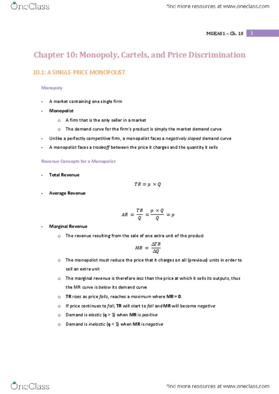 MGEA01H3 Chapter Notes - Chapter 10: Marginal Revenue, Demand Curve, Price Discrimination thumbnail