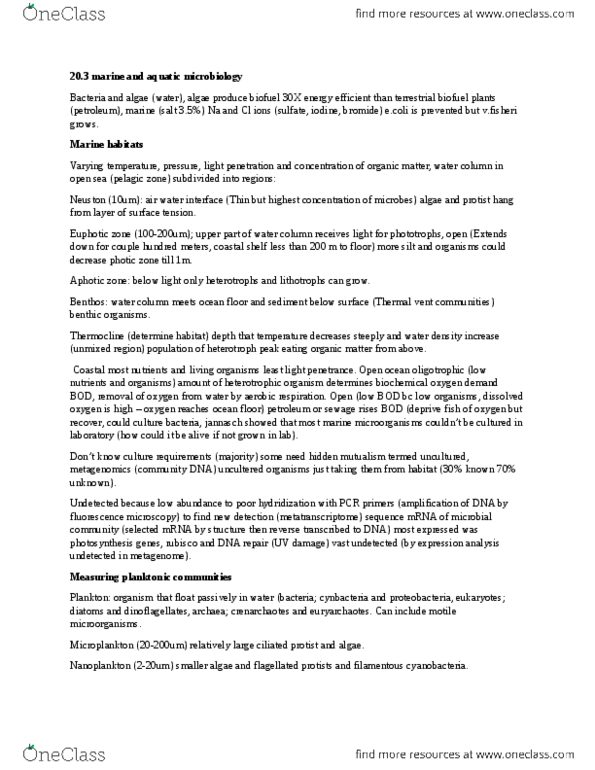 MICR 2420 Chapter Notes - Chapter 21.3: Biochemical Oxygen Demand, Aphotic Zone, Photic Zone thumbnail