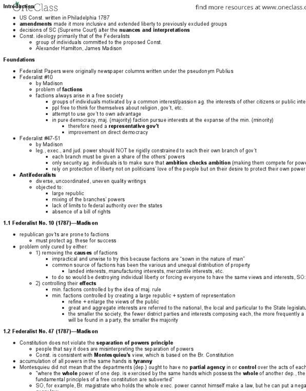 POLI 325D1 Chapter Notes - Chapter 1: Federalist No. 51, Federalist No. 10, Montesquieu thumbnail