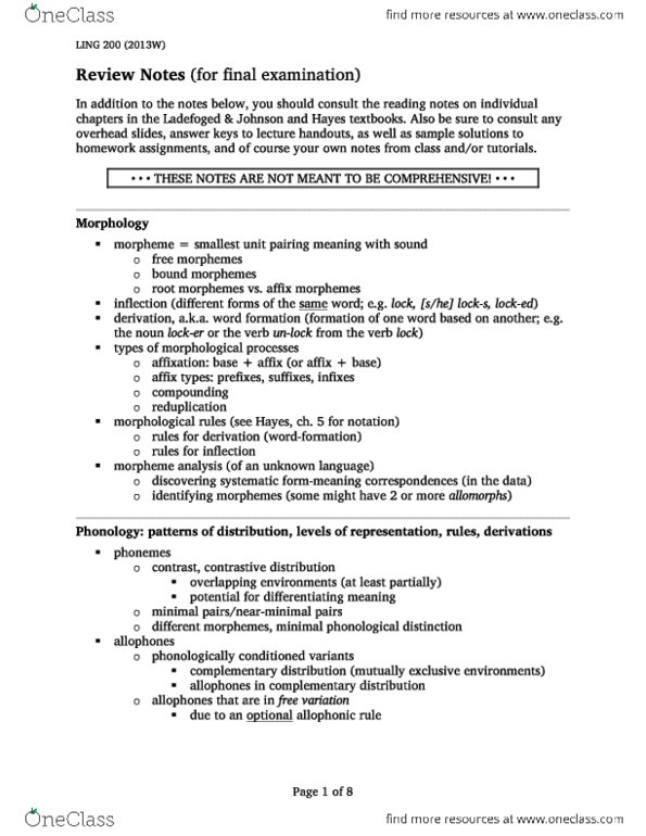 LING 200 Study Guide - Fall 2013, Final - Modal Voice, Dissimilation ...