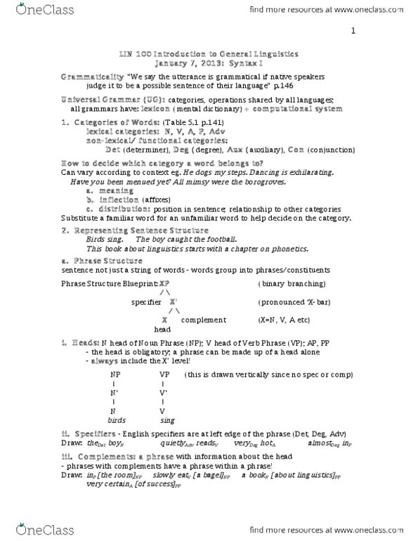 LIN100Y1 Lecture Notes - Lecture 14: Nonpast Tense, Inflection, Universal Grammar thumbnail