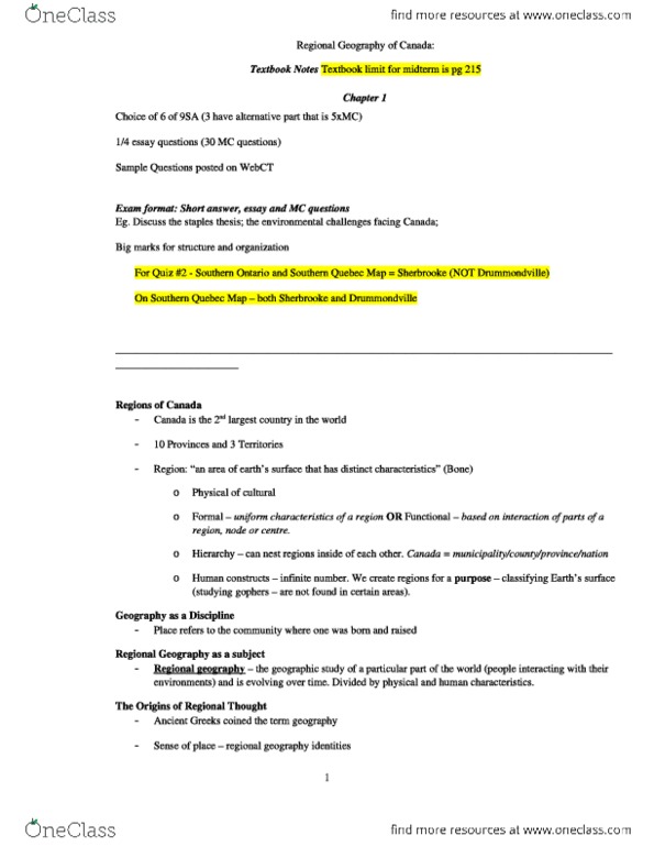 Geography 2010A/B Final Textbook & Exam Notes OneClass