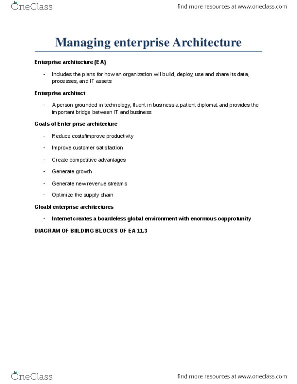 ITM 100 Chapter Notes -Enterprise Architecture, Enterprise Architect thumbnail