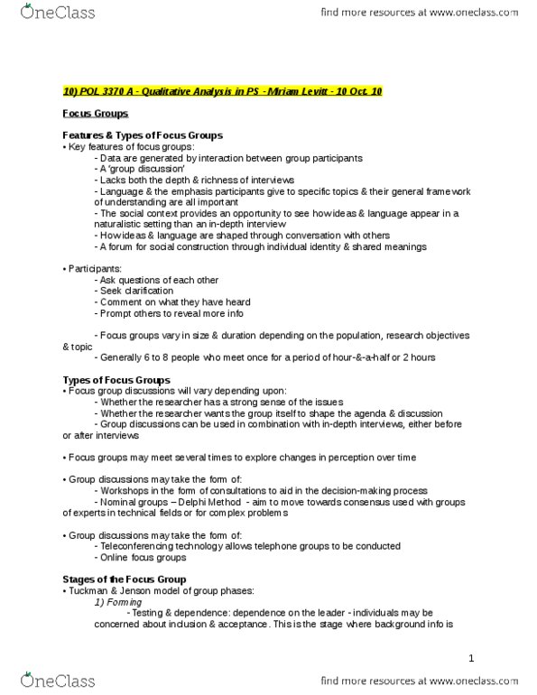 POL 3370 Lecture Notes - Lecture 10: Delphi Method, Nonverbal Communication, Projective Test thumbnail