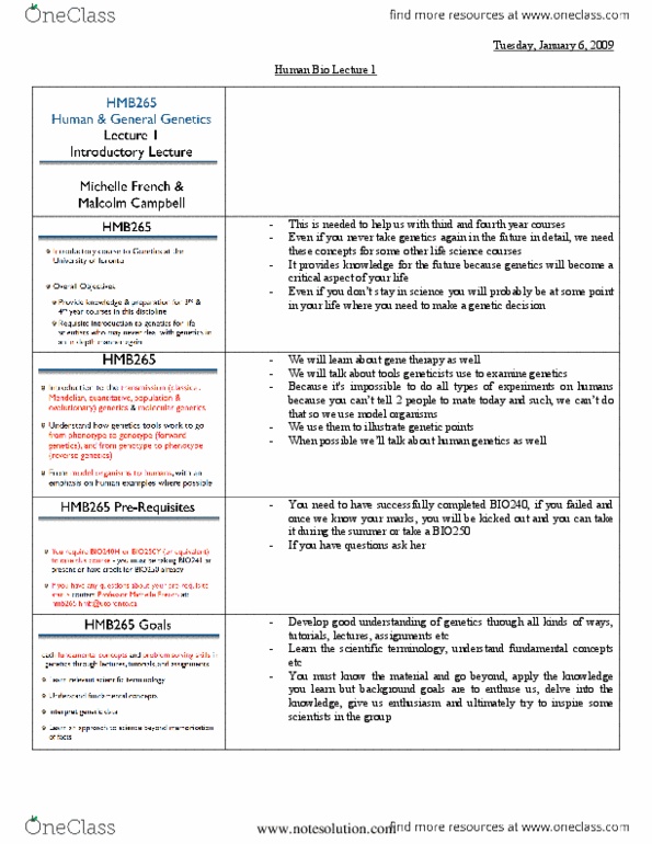 HMB265H1 Lecture Notes - Lecture 1: Michelle French, Malcolm Campbell, Single-Nucleotide Polymorphism thumbnail