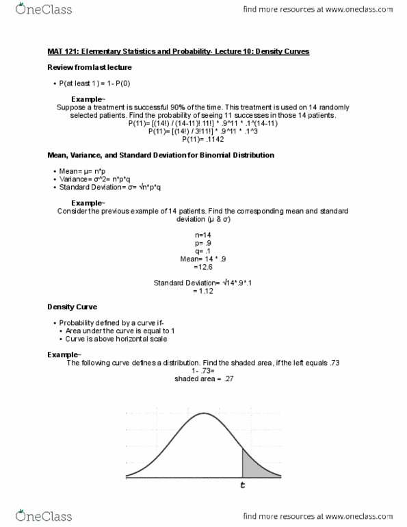 MAT 121 Lecture Notes - Lecture 10: Random Variable, Normal Distribution, Standard Deviation thumbnail