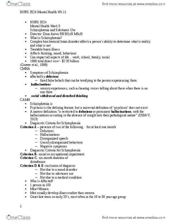 NURS 3524 Lecture Notes - Lecture 10: Centre For Addiction And Mental Health, Reduced Affect Display, Methadone thumbnail