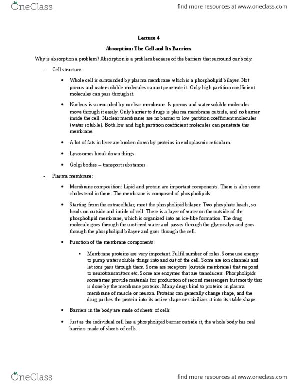 BIO200H5 Lecture Notes - Lecture 4: Endoplasmic Reticulum, Glycocalyx, Partition Coefficient thumbnail