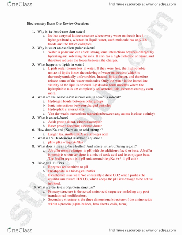 BIOCHEM 501 Final Biochemistry Exam One Review Questions.doc OneClass