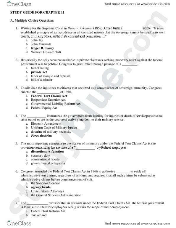 POLS 442 Study Guide - Fall 2013, - Federal Tort Claims Act, Eleventh 