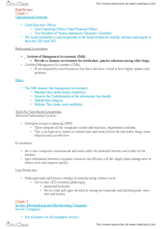 ACCT 202 Study Guide - Fall 2012, Final - Internal Audit, Finished Good ...