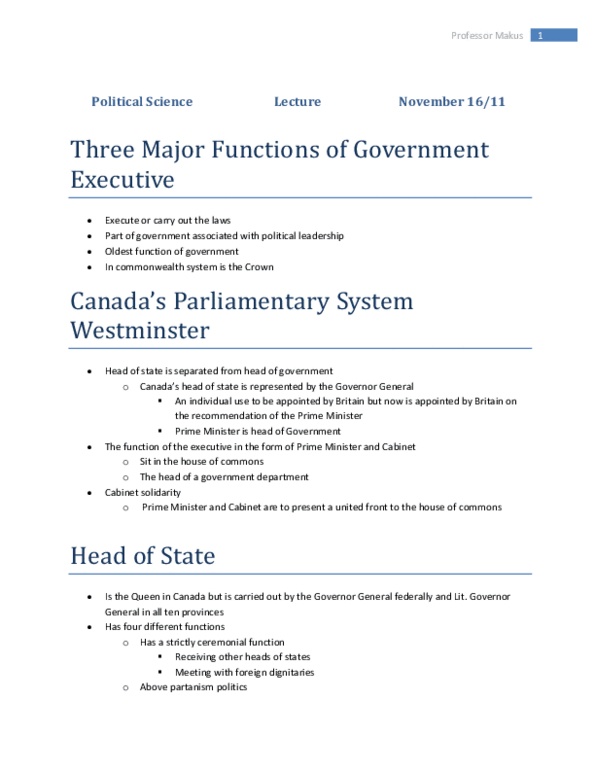 POLI 1F90 Lecture Notes - Government Executive thumbnail