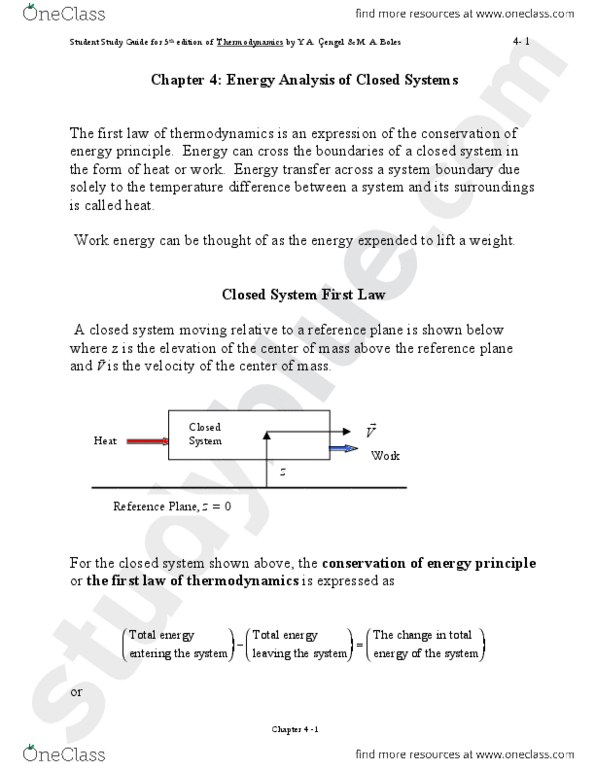 ME 331 Chapter Notes - Chapter 4: Thermodynamics, Energy, Reduced Properties thumbnail
