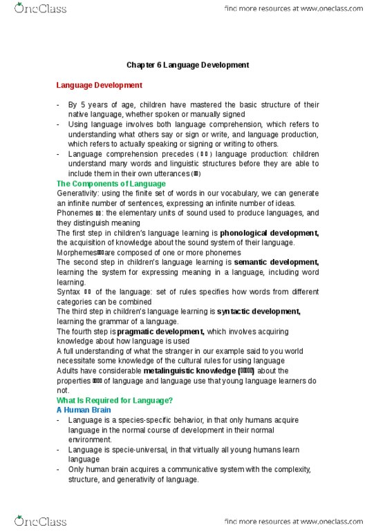 Psychology 2040A/B Chapter Notes - Chapter 6: Phonological Development, Language Development, 6 Years thumbnail