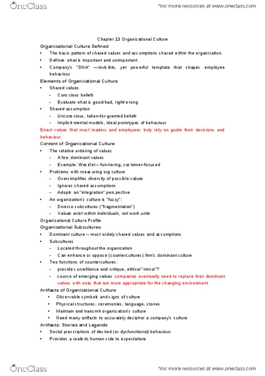 Business Administration 2295F/G Chapter Notes - Chapter 14: Organizational Culture, Dominant Culture, Sensemaking thumbnail