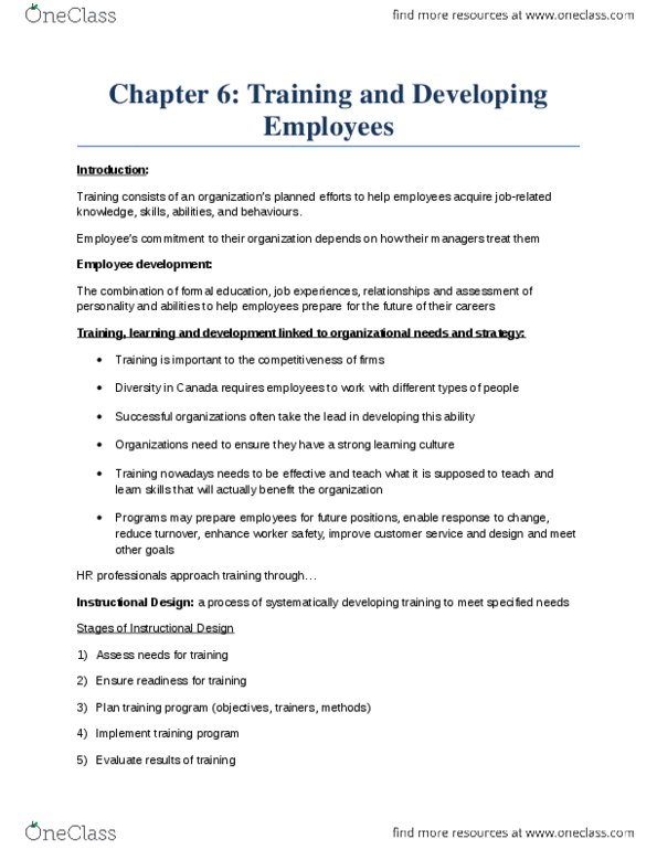 Management and Organizational Studies 1021A/B Chapter Notes - Chapter 6: Instructional Design, Training And Development thumbnail