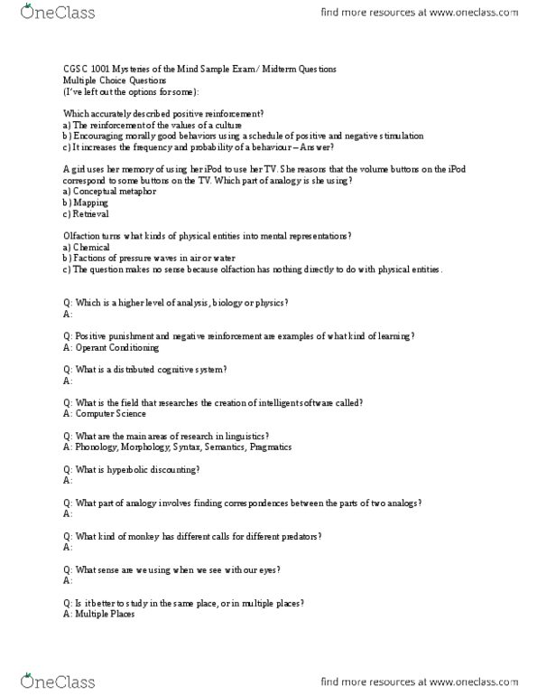 CGSC 1001 Midterm: Cognitive Sceince Mysteries Of The Mind Test 1 Exam ...