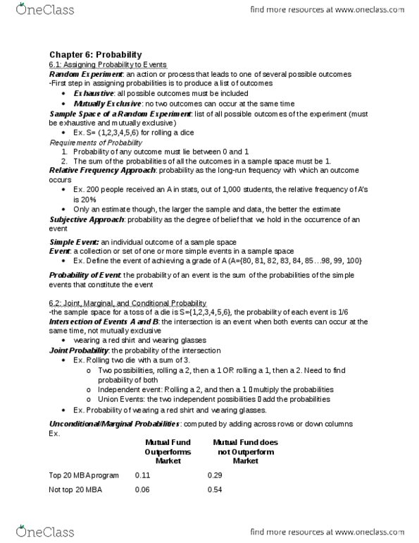 MGMT 1050 Chapter Notes - Chapter 6: Mutual Exclusivity, Sample Space, Conditional Probability thumbnail