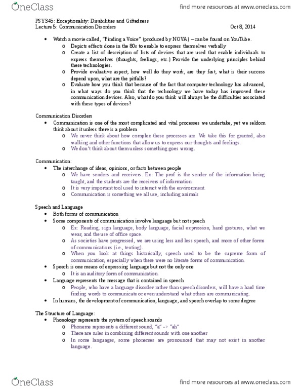 PSY345H5 Lecture Notes - Lecture 5: Phoneme, Language Disorder, Pragmatics thumbnail