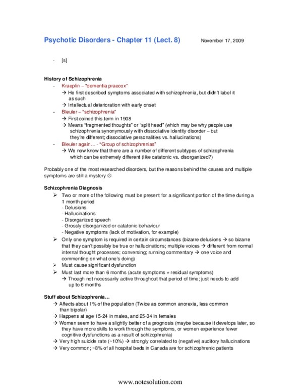 PSY240H1 Lecture Notes - Dementia Praecox, Cognitive Behavioral Therapy, System On A Chip thumbnail