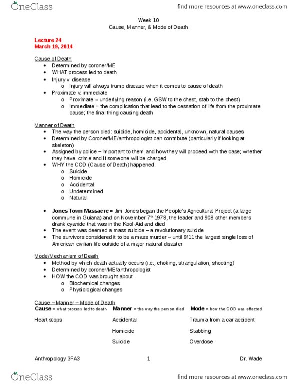 ANTHROP 3FA3 Lecture Notes - Lecture 16: Mass Suicide, Homicide, A Natural Death thumbnail