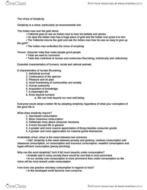 Philosophy 2033A/B Lecture : The Virtue of Simplicity - OneClass