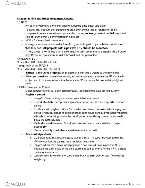 FINE 2000 Chapter Notes - Chapter 8: Discounted Cash Flow, Net Present Value, Discount Window thumbnail