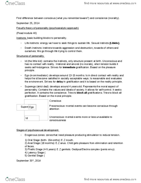 PSYC 1010 Lecture Notes - Lecture 2: Reality Principle, Preconscious, Dreamwork thumbnail