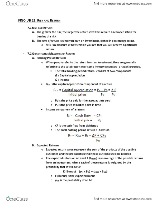 FINC-UB 2 Chapter Notes - Chapter 7: Capital Appreciation, Expected Return, Cash Flow thumbnail