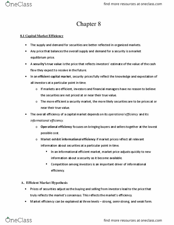 FINC-UB 2 Chapter Notes - Chapter 8: Efficient-Market Hypothesis, Economic Equilibrium, Capital Market thumbnail