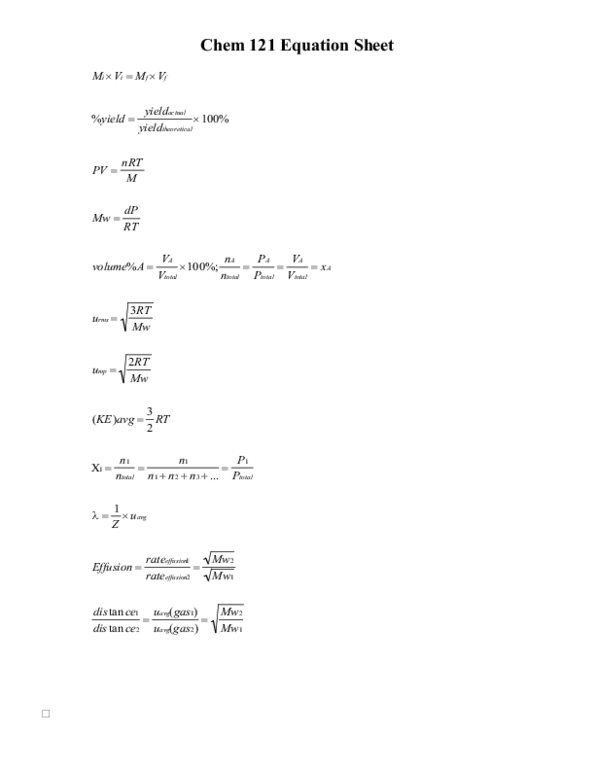 CHEM 121 Final: Chem Formulas- Final Review - OneClass