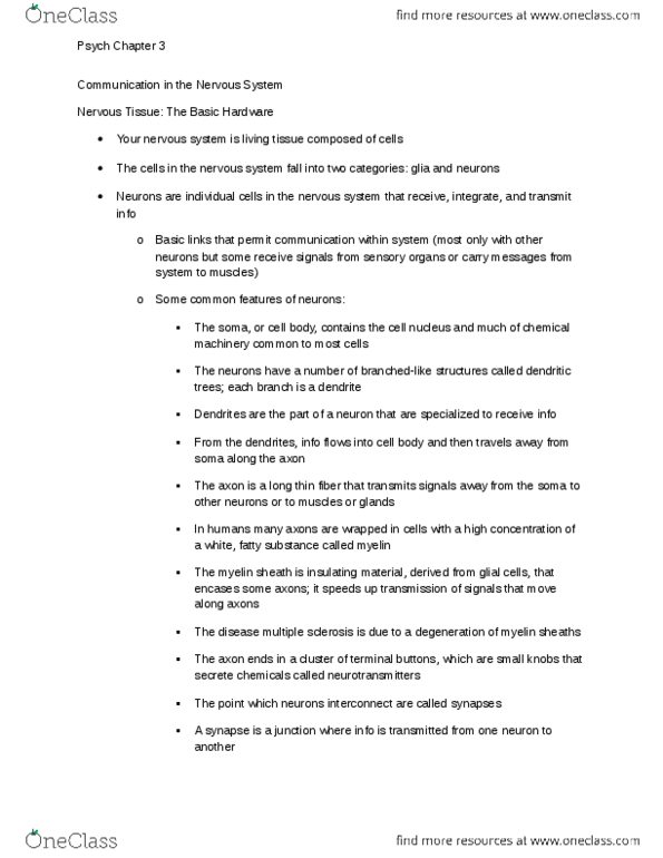 PS101 Chapter Notes - Chapter 3: Axon Terminal, Hebbian Theory, Solomon H. Snyder thumbnail