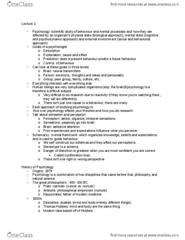 PSY 105 Lecture Notes - Lecture 1: Reward System, Psychoanalysis, Neurology thumbnail