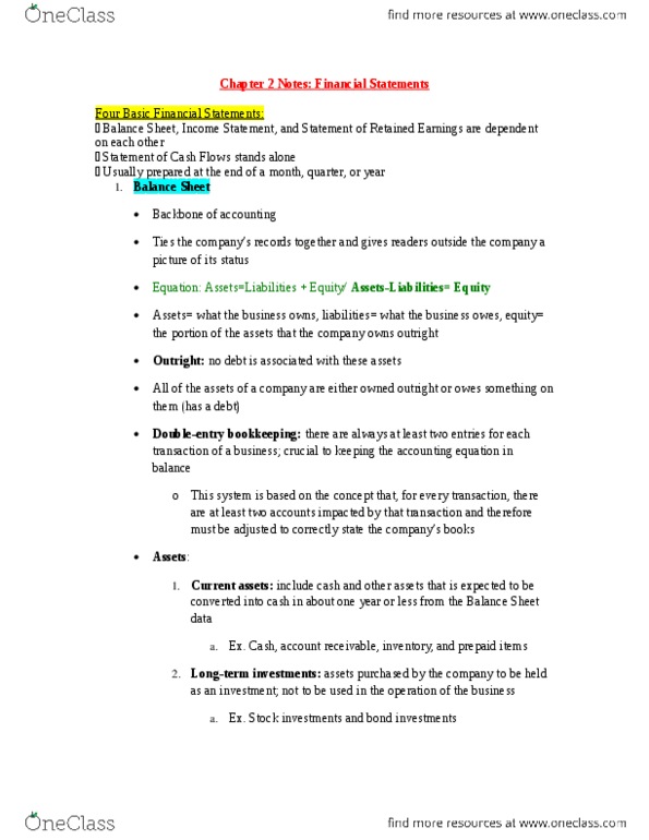 BUS-A 100 Chapter Notes - Chapter 2: Financial Statement, Accounts Payable, Net Income thumbnail