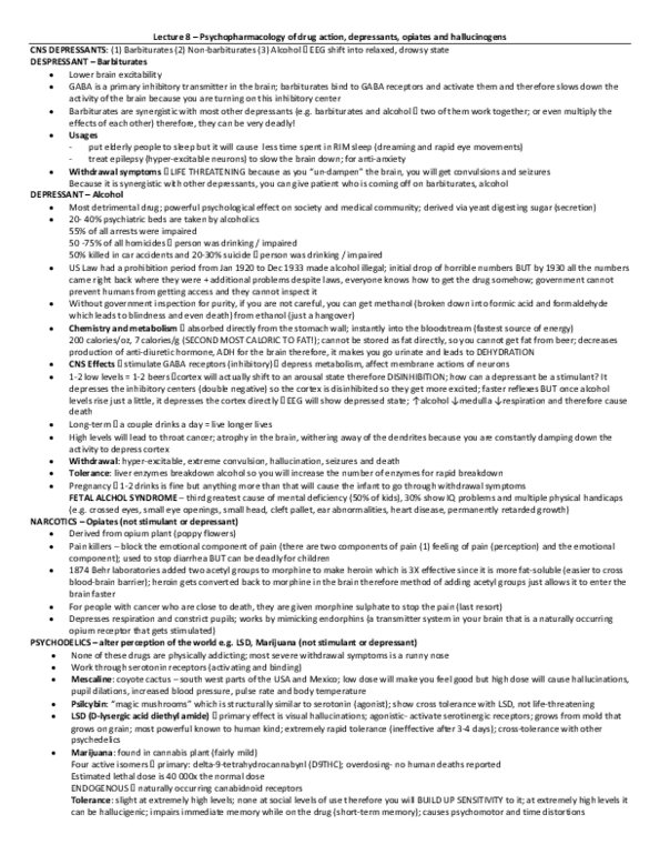 PSYB65H3 Lecture 8: Lecture 8 Clear and concise! (Psychopharmacology of drug action, depressants, opiates, and hallucinogens) thumbnail