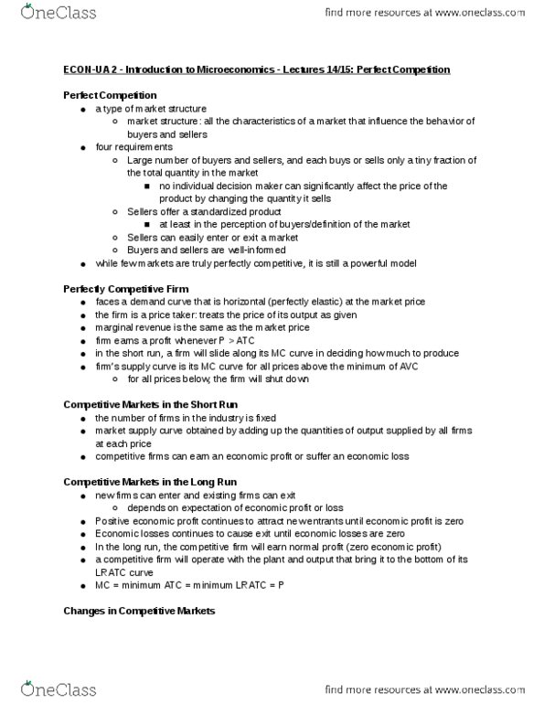ECON-UA 2 Lecture Notes - Lecture 14: Demand Curve, Marginal Revenue, Perfect Competition thumbnail