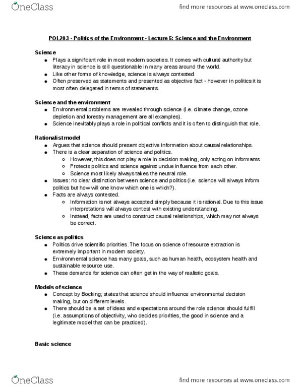 POL 203 Lecture Notes - Lecture 5: Environmental Science, Profit Motive, Ozone Depletion thumbnail