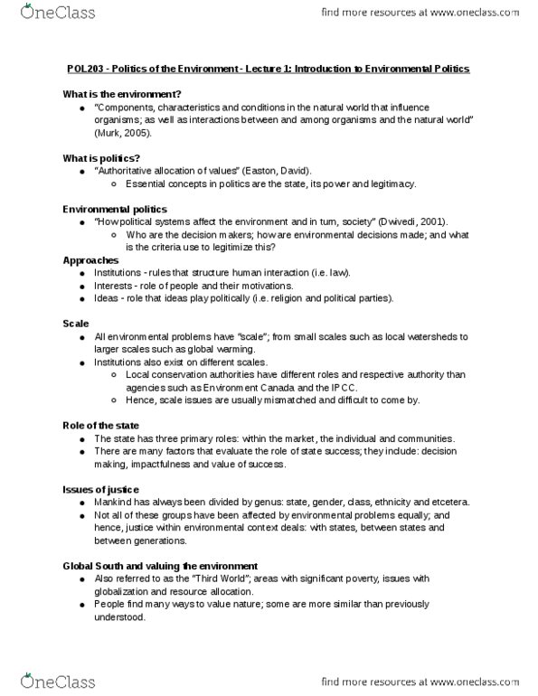 POL 203 Lecture Notes - Lecture 1: Environment And Climate Change Canada, Deep Ecology, Environmental Politics thumbnail