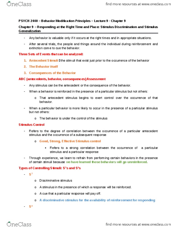 PSYC 2440 Lecture Notes - Lecture 9: Stimulus Control, Equivalence Class, Reinforcement thumbnail