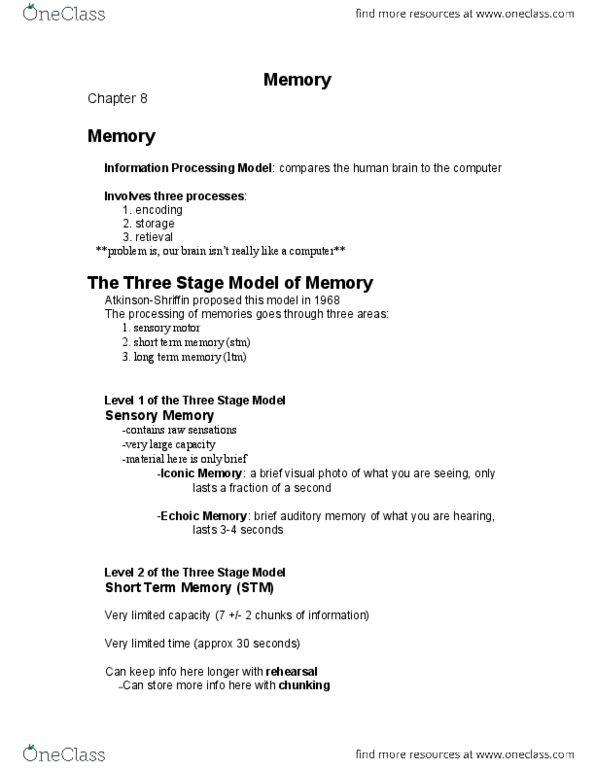 PSYCH 100 Lecture Notes - Lecture 7: Combination Lock, Episodic Memory, Flashbulb Memory thumbnail