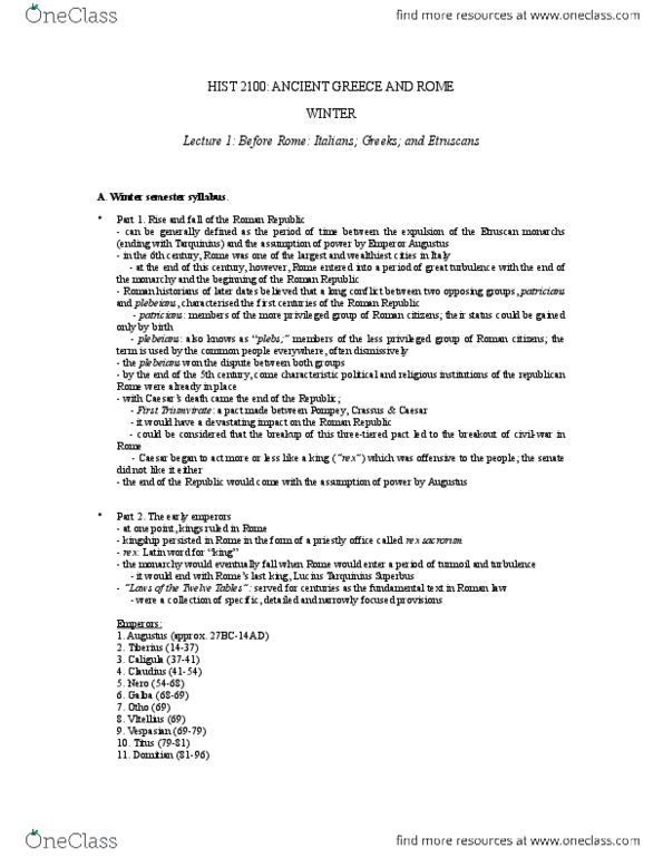 HIST 2100 Lecture Notes - Lecture 12: Rex Sacrorum, Plebs, Twelve Tables thumbnail